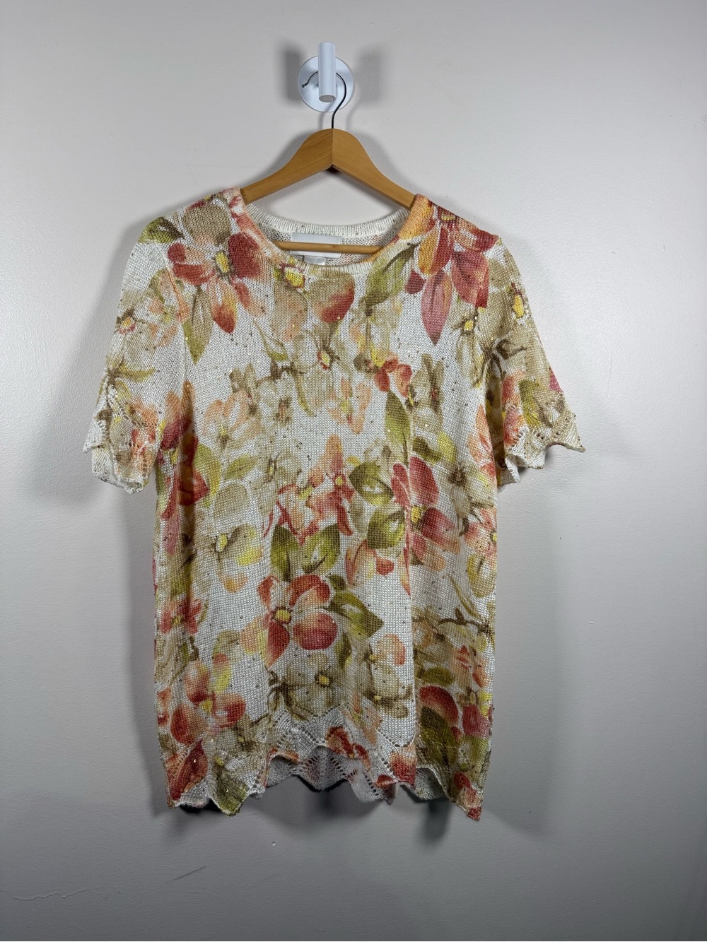 Alfred Dunner Cream Floral Short-Sleeve Knit Top with Pink and Green Accents
